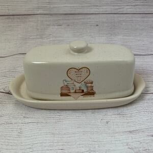 Vintage House of Lloyd Covered Butter Dish BAKED WITH LOVE Speckled Ceramic 1989